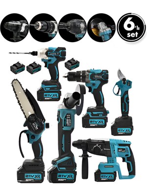 Go İthalat 6pcs Usta Elektrikli Alet Seti ŞARJLI=21V Spral Taşlama - Hilti - Bağ Makas - Somun Sökme - Darbeli Vidalama - Budama Testere Plastik Çantal ASR-1111 (5250)