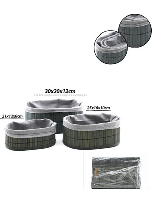 Lunaev Gri 3 Boy Oval Bambu Kenar Organizer Sepet Ahşap Altlık - Bezli 12X21-16X25-20X30CM