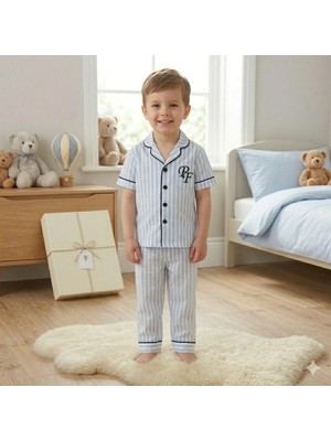 Baby Kids Colors Nakışlı Kısa Kol Erkek Bebek ve Çocuk Mvi Beyaz Çizgili Düğmeli 2'li Pijama Takımı - Pamuklu Uyku ve Ev Seti