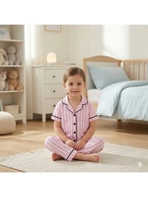 Baby Kids Colors Kısa Kol Kız Bebek ve Çocuk Pembe Beyaz Çizgili Düğmeli 2'li Pijama Takımı - Pamuklu Uyku ve Ev Seti
