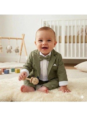 Baby Kids Colors Erkek Çocuk Flamlı Keten Salaş Ceketli Takım Elbise / Gömlek Pantolon Ceket Papyon Keten Takım(Ay Grubu Zıbınlı)