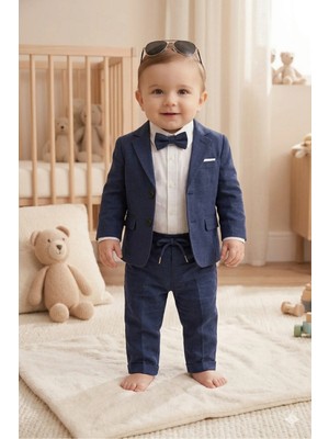 Baby Kids Colors Erkek Çocuk Flamlı Keten Salaş Ceketli Takım Elbise / Gömlek Pantolon Ceket Papyon Keten Takım(Ay Grubu Zıbınlı)