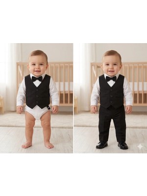 Baby Kids Colors Erkek Çocuk Smokin Takım Elbise Düğmeli Yelekli Papyonlu Zincirli