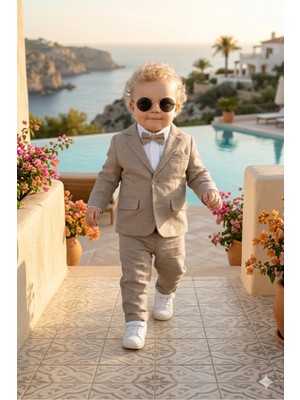 Baby Kids Colors Erkek Çocuk Flamlı Keten Salaş Ceketli Takım Elbise / Gömlek Pantolon Ceket Papyon Keten Takım(Ay Grubu Zıbınlı)