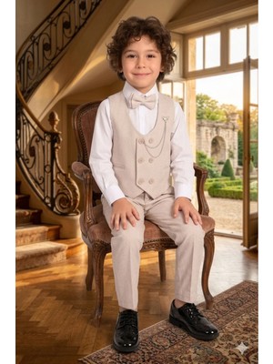 Baby Kids Colors Erkek Çocuk Smokin Takım Elbise 6 Düğmeli Yelekli Papyonlu Zincirli 4'lü Takım