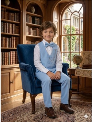 Baby Kids Colors Erkek Çocuk Smokin Takım Elbise 6 Düğmeli Yelekli Papyonlu Zincirli 4'lü Takım