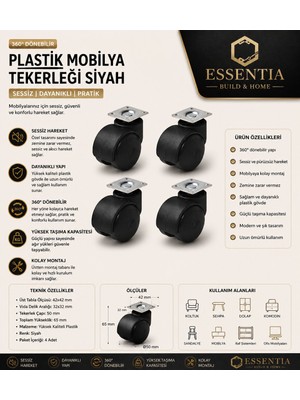 ESBH Hts Mobilya Tekeri 49 mm 4’lü Set Dönerli Tablalı – Ofis Sandalye Masa Dolap Tekerlek
