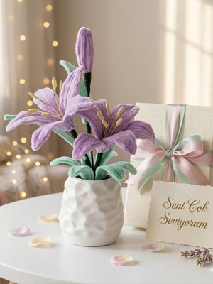 Crystal Coza El Yapımı Şönil Lilyum Çiçeği Taş Tozu Saksılı Dekoratif Yapay Çiçek | Ev ve Ofis Dekoru | Masa Üstü Süs Bitkisi | Solmayan Hediyelik Çiçek | 8 Renk | 28 cm