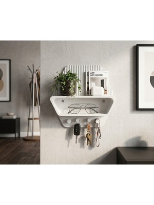 3 Boyutlu Hepsi Modern Giriş Holü Düzenleme Rafı, Hexagonal (Altıgen) ve Çizgili Üst Panelli, Anahtar Kancalı, Kendinden Yapışkanlı Yada Vidalı Montaj, Askılı Modern Giriş Holü Düzenleyici Rafı