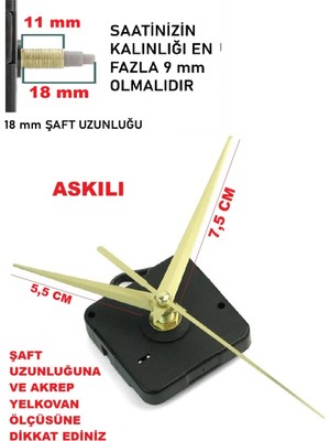 Cnr Shop Saat Mekanizması, 18 mm Şaft Sessiz Çalışır Akar, Saat Motoru Akrep-Yelkovan-Saniye-(Askılı)