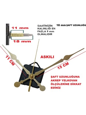 Cnr Shop Saat Mekanizması 18 mm Şaft Boyu Akar Sessiz Çalışır, Büyük Boy Akrep-Yelkovan-Saniye-(Askılı)