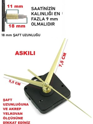 Cnr Shop Saat Mekanizması 18 mm Şaft Boyu Akar Sessiz Çalışır, Saat Makinesi, Akrep-Yelkovan-Saniye-(Askılı)