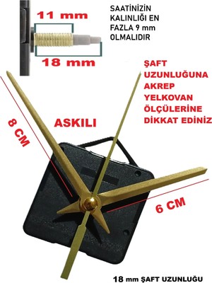 Cnr Shop Saat Mekanizması 18 mm Şaft Boyu Saat Makinesi Akar Sessiz Çalışır, Akrep-Yelkovan-Saniye-(Askılı)