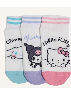 DeFacto Hello Kitty 3'lü Pamuklu Patik Çorap Kız Çocuk Beyaz Renkli Desenli Pamuk Karışımlı H6824A8NS