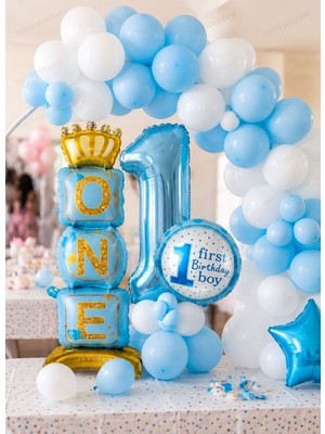 Parti Dükkanı 1 Yaş Erkek Doğum Günü Balon Seti Mavi Beyaz Konsept One Yazılı Folyo Balonlu Parti Süsleme Seti 64 Parça
