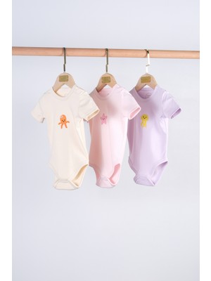 Bondberro 3'lü Set %100 Pamuk Aplike Nakışlı Bebek ve Çocuk Zıbın & Body ( Pembe )