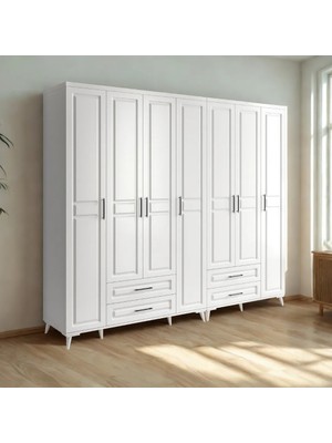 Sarıoğlu Mobilya Handy 7 Kapaklı Mdf Gardırop 245X210 cm Beyaz | Geniş Hacim, Çekmeceli, Yavaş Kapanır