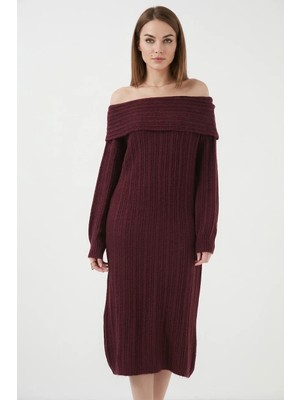 Kadın Madonna Yaka Oversize Triko Bordo Elbise