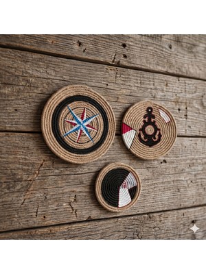 My Work Shop 3'lü Set El Yapımı Hasır Duvar Süsü - Marin Konsept Denizci Temalı Jüt Duvar Dekoru
