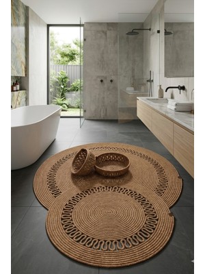 Senza Atelier 4'lü Jüt Banyo Paspas ve Sepet Seti - Hasır Yuvarlak Halat Paspas - Boho Banyo Düzenleyici Organizer