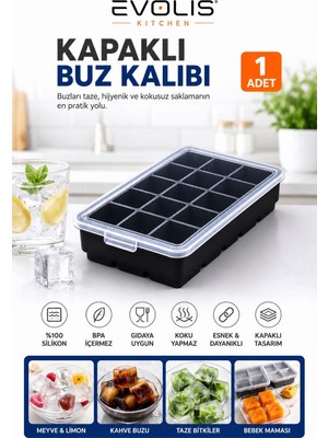 Evolis Kitchen 15 Bölmeli Kapaklı Silikon Buz Kalıbı %100 Silikon Malzeme ile Pratik Kullanım