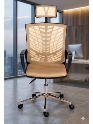 Trendcore Ergonomik Fileli Ofis Koltuğu Krem Başlıklı Çalışma Sandalyesi Modern Yönetici Koltuğu