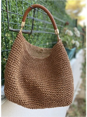 My Vintage Tarçın Bowl Bag Deri Örgü Saplı Kadın Hasır Içten Astarlı Kol Çantası