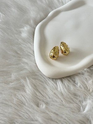 Revoia Zirkon Taş Detaylı Oval Gold Küpe