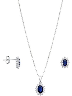 Oya Silver Mini Beyaz Işıltı Çevrili Safir Taşlı Oval Kadın Kolye Küpe Gümüş Set