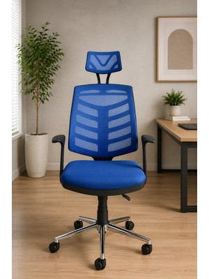 Trendcore Ergonomik Mavi Başlıklı Ofis Koltuğu – Fileli Yönetici ve Çalışma Koltuğu, Krom Ayaklı Home Office Bilgisayar Koltuğu