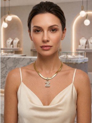 Fm 💎 Premium Gold Renk 316L Çelik Z Harf Model Parlak ve Şık Taşlı Vıp Seri Kolye (45CM)