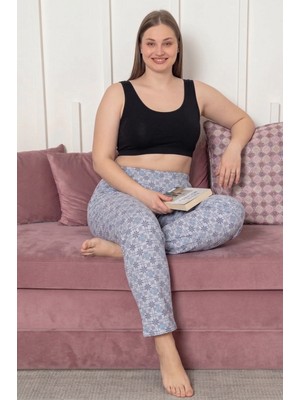 Farya Home Büyük Beden Pamuklu Desenli Yüksek Bel Pijama Altı Pantolon