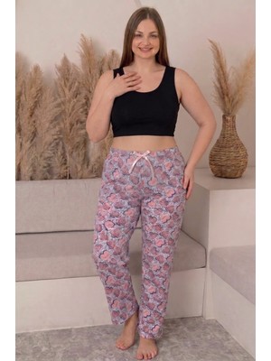 Farya Home Büyük Beden Pamuklu Desenli Yüksek Bel Pijama Altı Pantolon