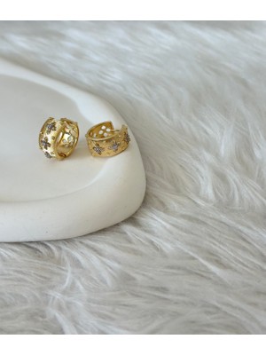 Revoia Taş Işlemeli Gold Halka Küpe