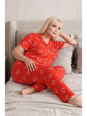 Farya Home Büyük Beden Soft Bambu Likralı Düğmeli Kısa Kollu Gömlek Pijama Takımı