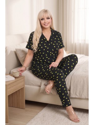 Farya Home Büyük Beden Soft Bambu Likralı Düğmeli Kısa Kollu Gömlek Pijama Takımı