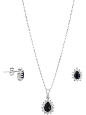 Oya Silver Minimal Oniks Taşlı Damla Gümüş Kadın Kolye Küpe Set