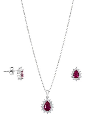 Oya Silver Minimal Beyaz Işıltı Çevrili Yakut Taşlı Damla Kadın Kolye Küpe Gümüş Set