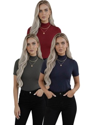 Hashtag Kadın 3'lü Viskon Body Yarım Balıkçı Yaka Yarım Kol