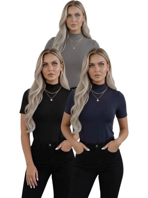 Hashtag Kadın 3'lü Viskon Body Yarım Balıkçı Yaka Yarım Kol
