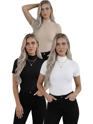 Hashtag Kadın 3'lü Viskon Body Yarım Balıkçı Yaka Yarım Kol