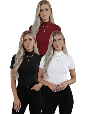 Hashtag Kadın 3'lü Viskon Body Yarım Balıkçı Yaka Yarım Kol