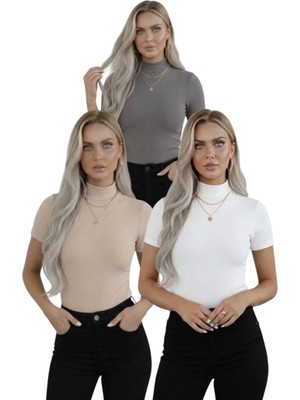 Hashtag Kadın 3'lü Viskon Body Yarım Balıkçı Yaka Yarım Kol