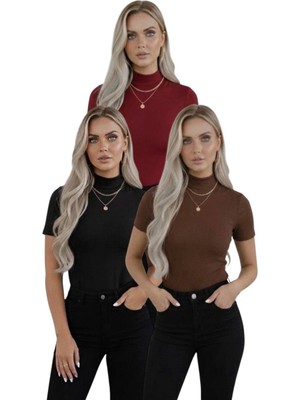 Hashtag Kadın 3'lü Viskon Body Yarım Balıkçı Yaka Yarım Kol