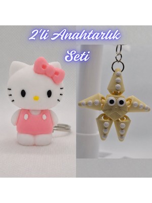3D Atölye Maker  Beyaz Hello Kitty ve Açık Sarı Hareketli Deniz Yıldızı Anahtarlık