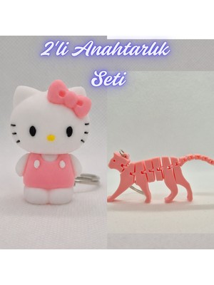 3D Atölye Maker  Beyaz Hello Kitty ve Açık Pembe Esnek Kedi Anahtarlık
