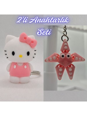 3D Atölye Maker  Beyaz Hello Kitty ve Pembe Hareketli Deniz Yıldızı Anahtarlık