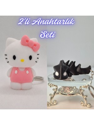 3D Atölye Maker  Beyaz Hello Kitty ve Siyah Esnek Ejder Anahtarlık