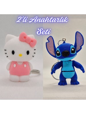 3D Atölye Maker  Beyaz Hello Kitty ve Mavi Esnek Stitch Anahtarlık