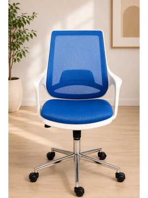 Trendcore Ergonomik Fileli Ofis Çalışma Koltuğu Mavi – Krom Ayaklı, Tekerlekli, Modern Yönetici ve Çalışma Sandalyesi